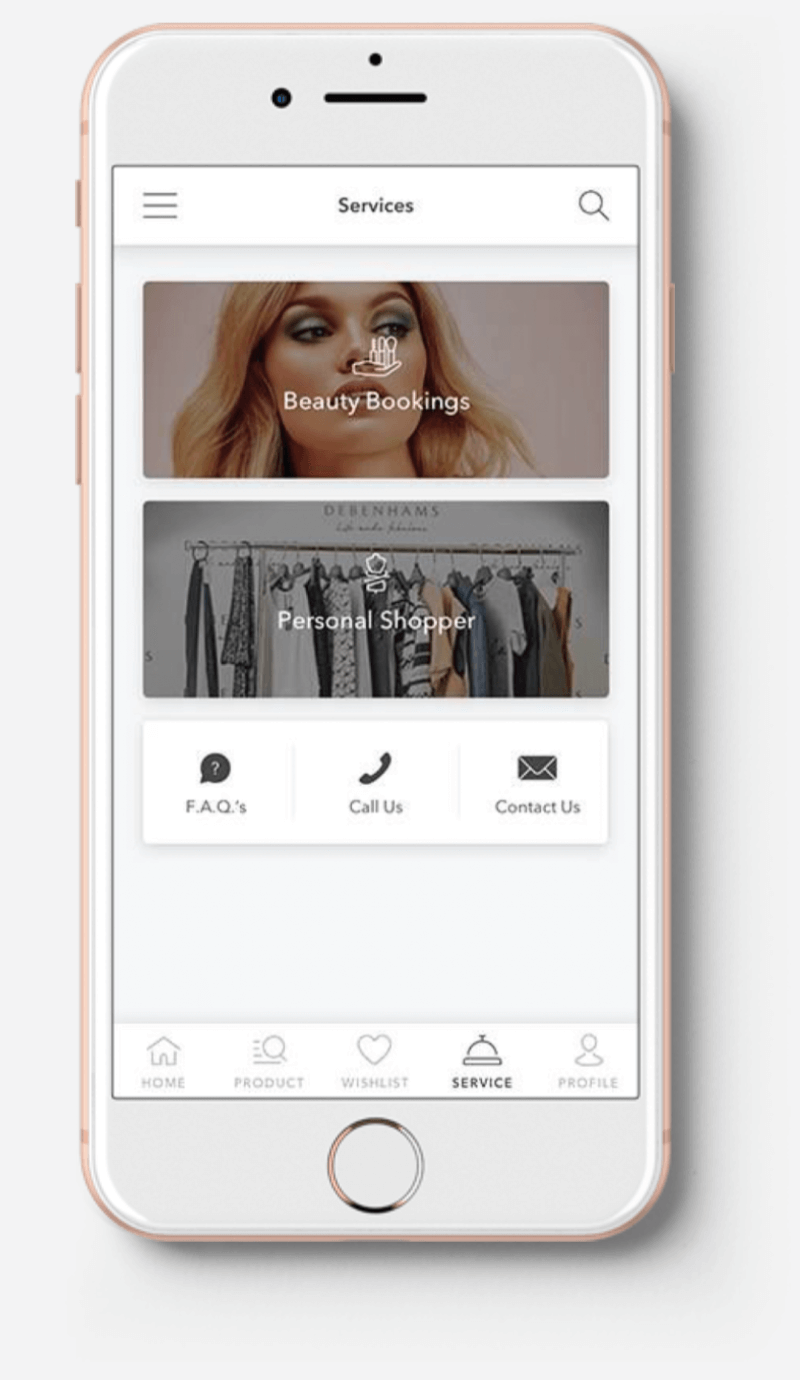 Debenhams App Services Page
